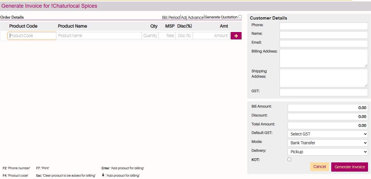 !Chaturlocal POS billing interface